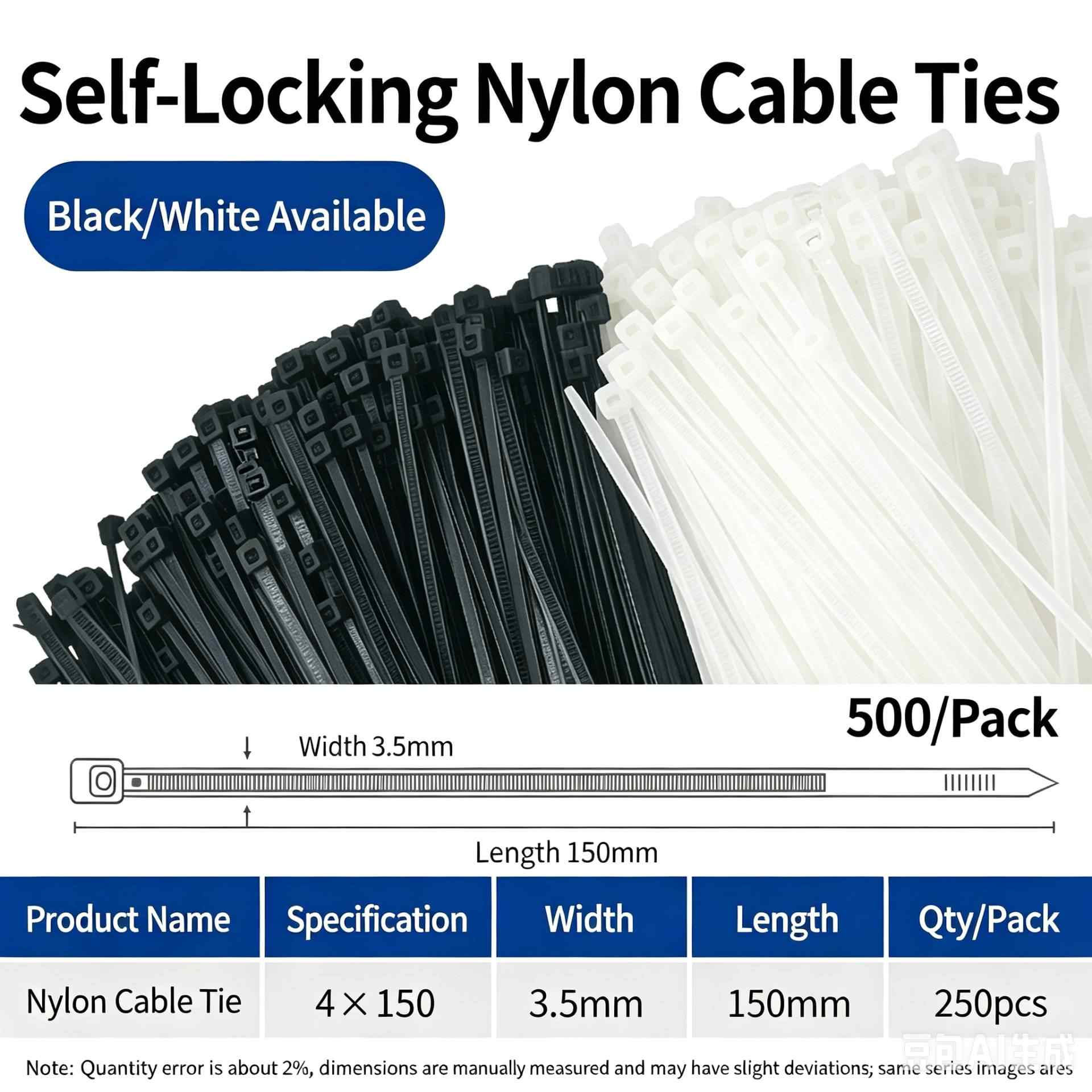 4×150mm, width 3.5mm, 500 pcs / Black / White