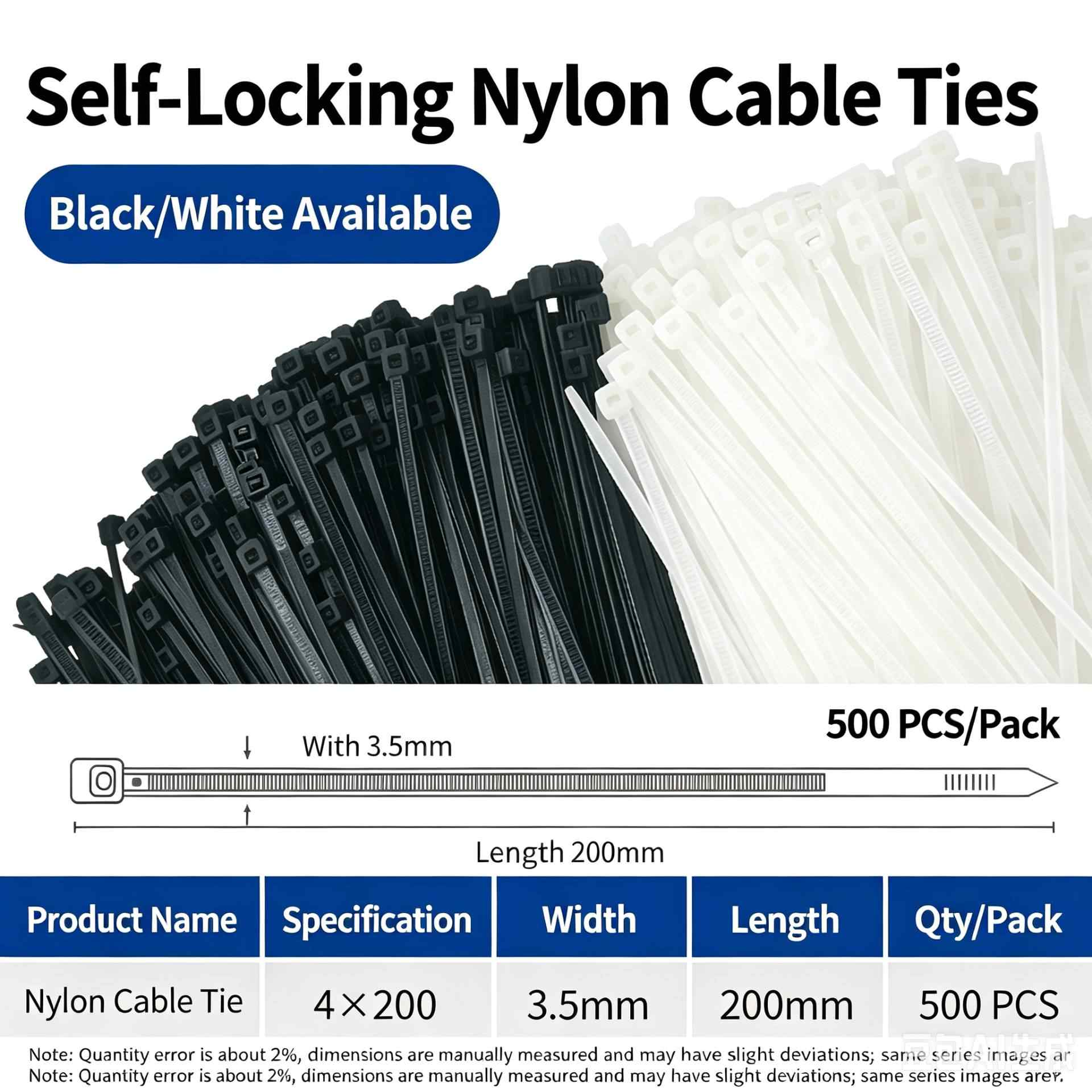 4×200mm, width 3.5mm, 500 pcs / Black / White