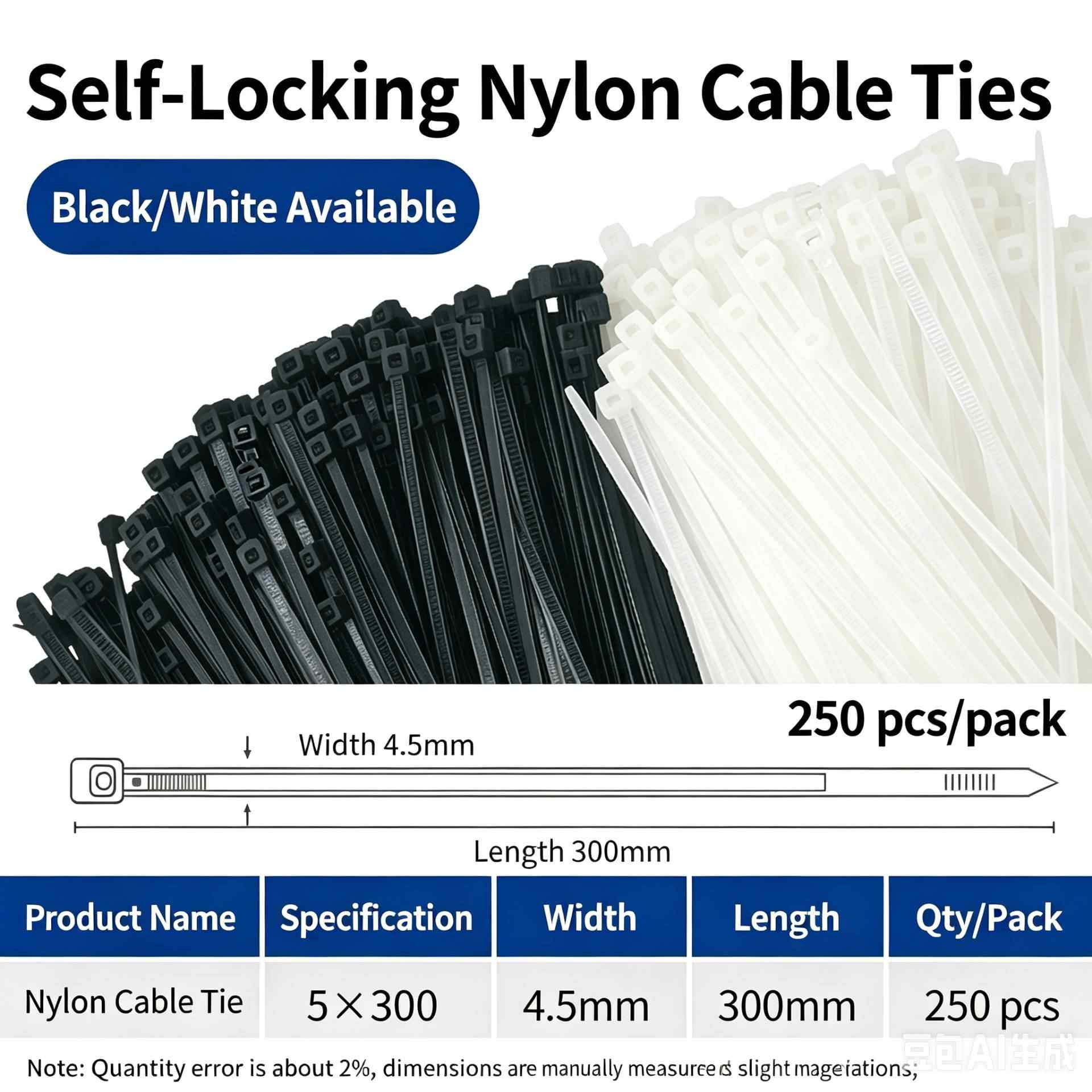 5×300mm, width 4.5mm, 250 pcs / Black / White